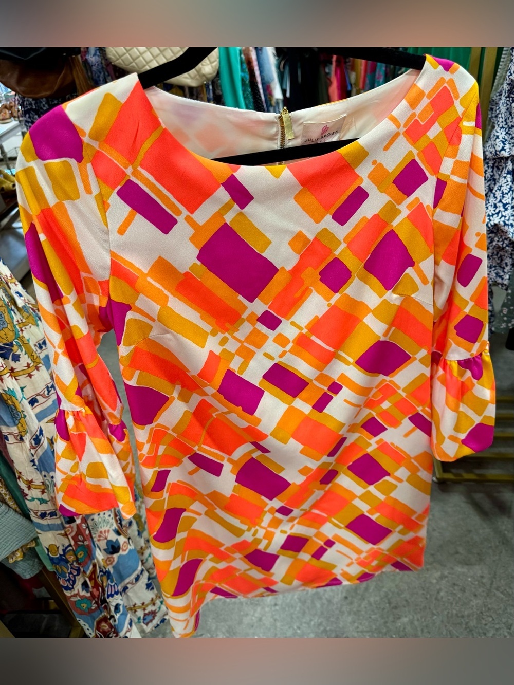 JB by Julie Brown Pink Orange and White Geometric Shift Dress